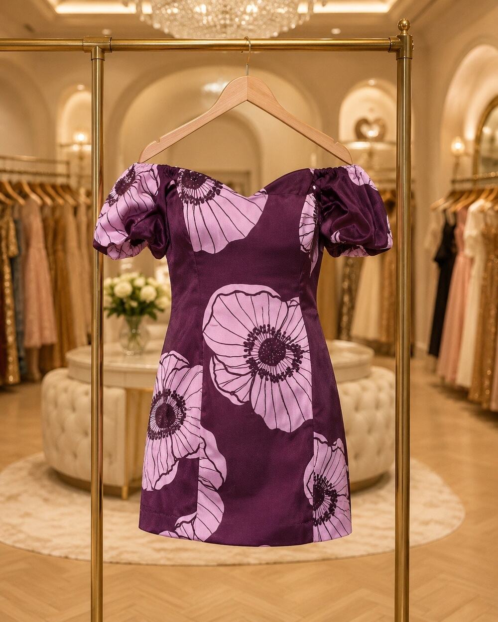 Adelyn Rae Aster Off Shoulder Floral Mini Dress NWT Medium Violet Puff Sleeve